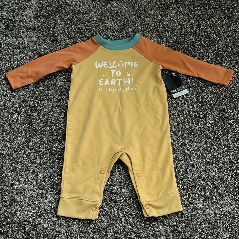 Okie Dokie 3 month infant outfit newborn baby bodysuit romper one piece Earth